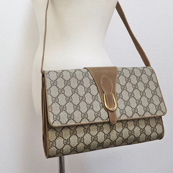 Auth Vintage GUCCI Brown GG PVC Canvas Flap Cover Shoulder Bag purse - Picture 9 of 9